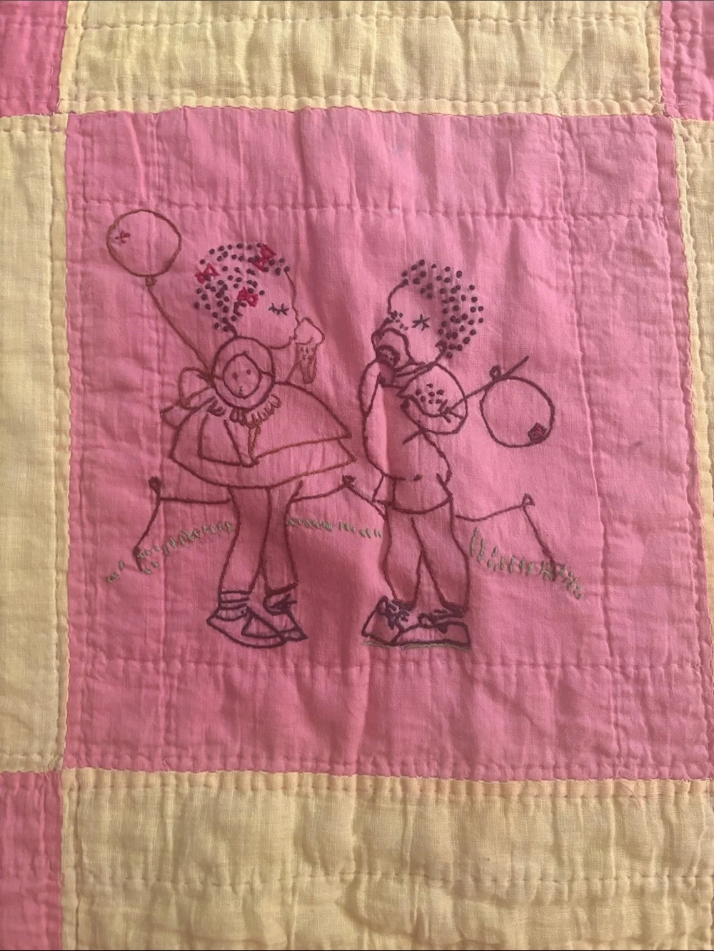 Vintage Pink and Yellow Patchwork Baby Quilt with Embroidered Design